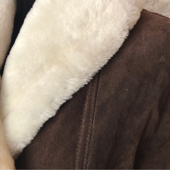 80s style suede leather jacket coat with faux shearling lining. Chocolate brown - Picture 6 of 11